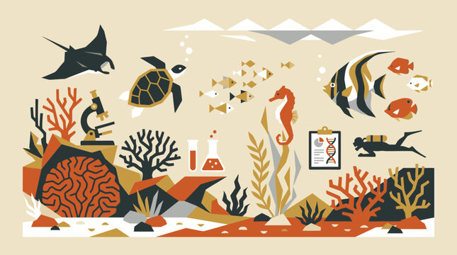 Stylized Tropical Coral Reef Marine Life Illustration.