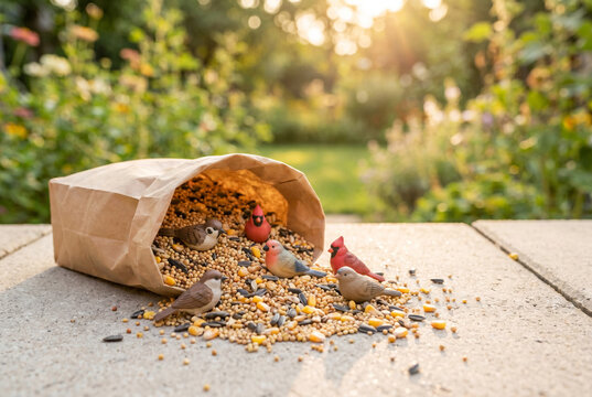 Spilled paper bag of mixed birdseed with tiny realistic toy birds