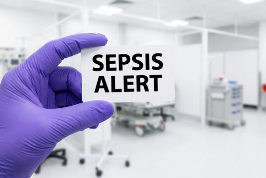 Medical gloved hand presenting sepsis alert reference card in ward