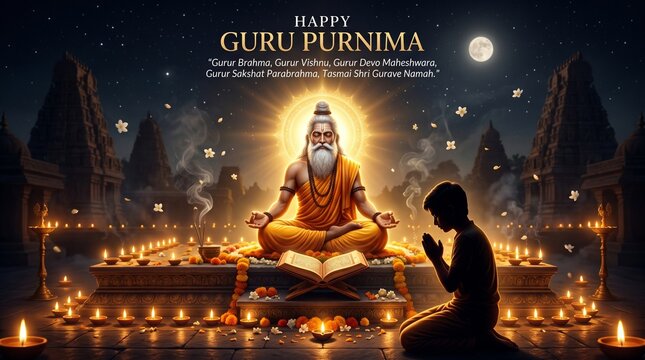 Guru Purnima Celebration: A mystical scene unfolds under a starlit sky, honoring the Guru. Featuring a wise guru in meditation amidst lit candles.