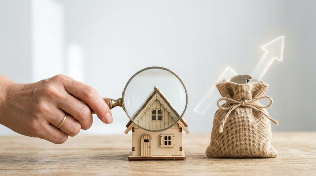 Real Estate Investment Analysis and Property Value Growth Concept Featuring Magnifying Glass and Money Sack for Financial Planning