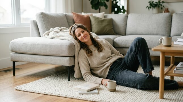 Woman lying on carpet by sofa in casual outfit for portrait branding, social campaigns and modern storytelling, polished contemporary atmosphere, natural expression, soft light, crisp focus, high