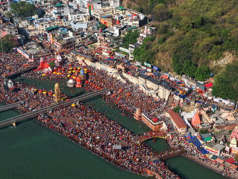 Aerial Panorama of Har Ki Pauri Ghat and Haridwar Cityscape
