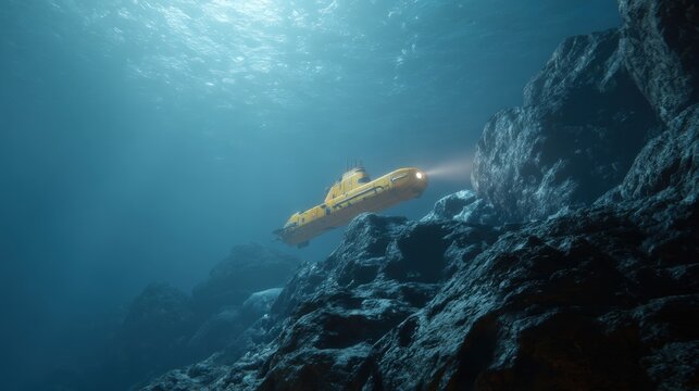 Yellow submarine swimming underwater near rocky ocean floor. Deep sea exploration vehicle with beam of light illuminating dark abyss. Marine science research and oceanographic expedition.