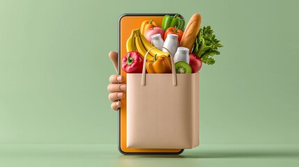Obraz premium Hand holds phone showing grocery bag overflowing with fresh produce. Phone screen brightens vibrant fruits and vegetables. Red peppers, bananas, carrots, herbs, and greens fill the bag