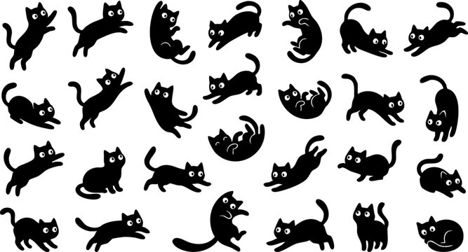 Black cat silhouette collection, set of 28 playful kitten vector icons, cute feline characters in various poses for Halloween and pet design