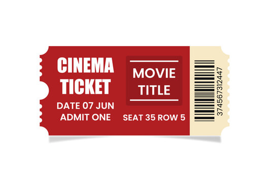 Red movie ticket with bar code and text admit one seat row number vector illustration Vector