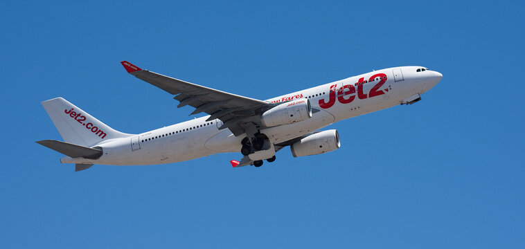 Tenerife, Spain may 8st, 2026. Airbus A330-243 Jet2 airlines, flies in the blue sky. Takeoff at Tenerife Airport. Retracting the landing gear