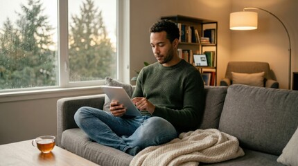 Obraz premium Man reading a tablet while sitting on a couch in the living room, relaxed home technology scene with calm focus and modern routine appeal, strong commercial value for apps, leisure and digital living