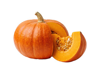 Obraz premium Whole orange pumpkin with a fresh slice and seeds visible as isolated on transparent background