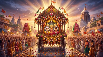 Fototapeta premium Ratha Yatra Celebration: A vibrant depiction of the Ratha Yatra festival, showcasing a magnificent chariot procession amidst a crowd of devoted participants, celebrating the divine.
