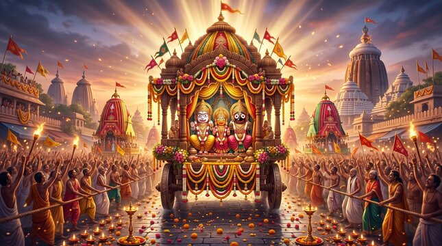 Ratha Yatra Celebration: A vibrant depiction of the Ratha Yatra festival, showcasing a magnificent chariot procession amidst a crowd of devoted participants, celebrating the divine.