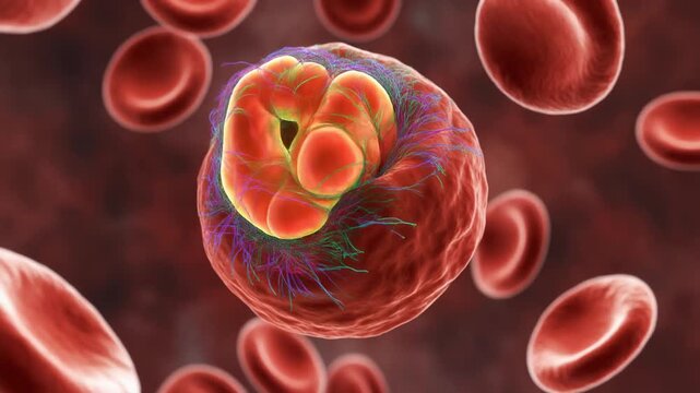Microscopic view of red blood cells, detailing the parasitic invasion and development of Plasmodium falciparum within a single erythrocyte