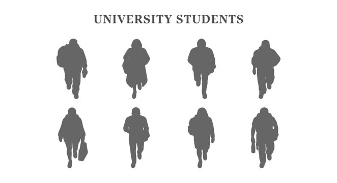 Top view line illustration of CAD university students set, diverse university students walking collection in overhead perspective, clean minimal silhouette style for urban and architectural drawing