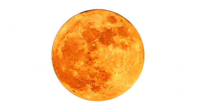 A bright, glowing orange full moon isolated against a pitch black night sky, showing detailed lunar craters and surface textures
