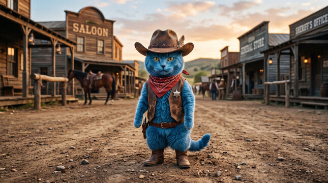 Standing anthropomorphic blue cat dressed as cowboy sheriff in old western town.