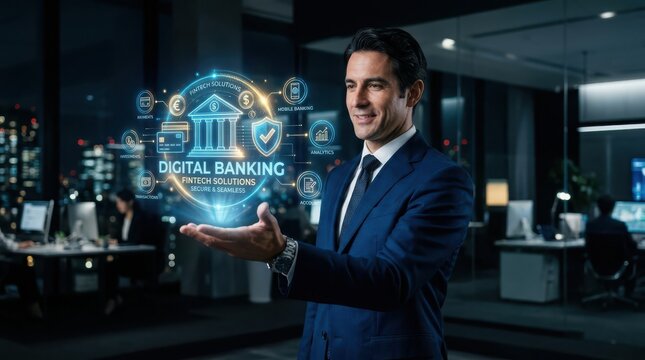 Fintech innovation executive interacting with digital banking interface and futuristic tech solutions