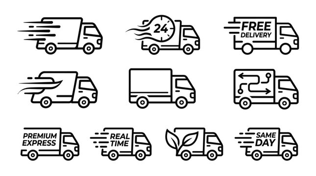 Same day delivery fast express truck icons set, 24/7 quick logistics vehicle vector design, Free delivery fast express truck icons set, quick logistics vehicle line art vector design