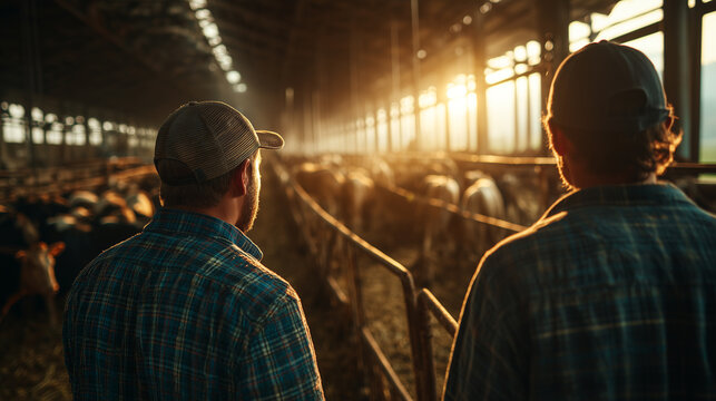 Farmers inspecting dairy cattle inside modern barn during golden sunset light