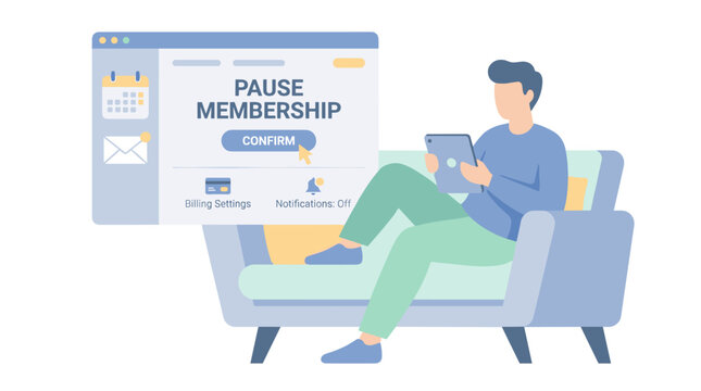 Person sitting on sofa using tablet with paused membership screen.