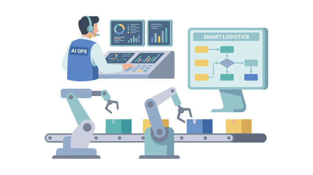 Industrial Automation Robotic Assembly Line With Human Oversight.