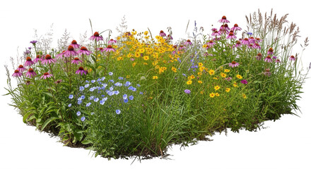 A cluster of colorful wildflowers including pink echinacea, yellow coreopsis, and blue flax flowers isolated on a solid black background © Zayid