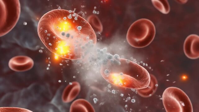 Close-up microscopic view of red blood cells circulating within bloodstream, showing a dynamic interaction with a pulsating substance