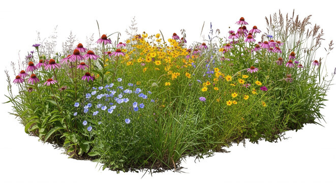 A cluster of colorful wildflowers including pink echinacea, yellow coreopsis, and blue flax flowers isolated on a solid black background