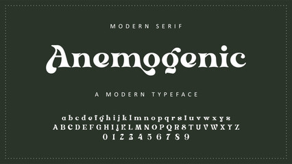 Anemogenic modern serif font, typography alphabet, white letters, dark background, typeface design elements © ch