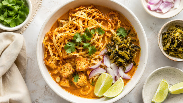 Traditional Thai Khao Soi Curry Noodle Soup with Fried Tofu, Crispy Egg Noodles, Lime, and Shallots in a White Bowl