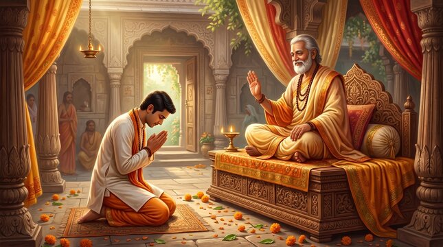 Spiritual Guidance: A moment of respect and wisdom unfolds as a devoted disciple receives counsel from a revered guru within a tranquil sanctuary, capturing the essence of spiritual connection.