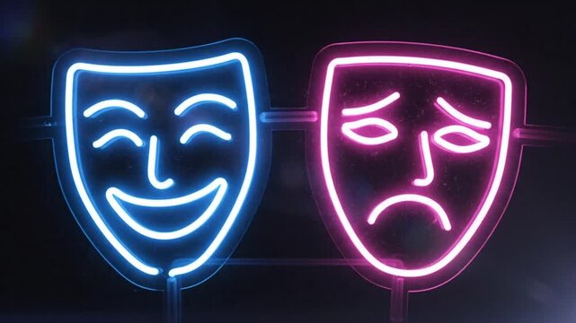 Neon signs of theater masks showing happy and sad faces against a dark background