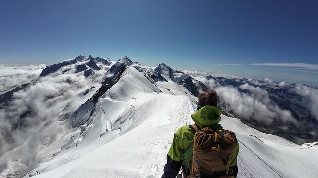 Mountaineer on the ridge of Breithorn and glacier panorama with mountain massif Monte Rosa with summit Dufourspitze and Lyskamm in summer in Swiss Alps, canton of Valais, Switzerland