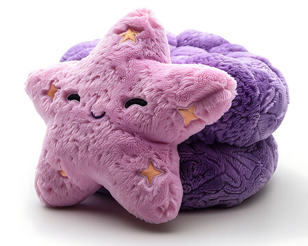 A fluffy purple star plush toy with a smiling face sits beside a stack of textured purple cushions, showcasing soft, fuzzy textures and vibrant star patterns.