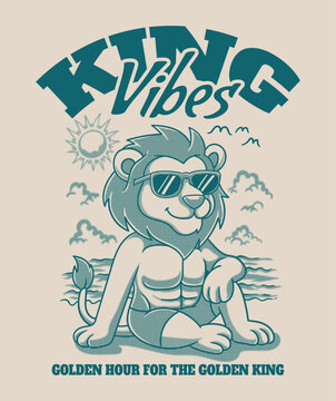 King vibes lion character relaxing on the beach