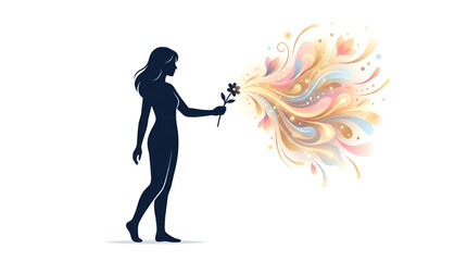 Naklejka premium Abstract silhouette of a woman holding a flower, generating a vivid flow of colorful particles and shapes, symbolizing beauty, creativity, and imaginative power
