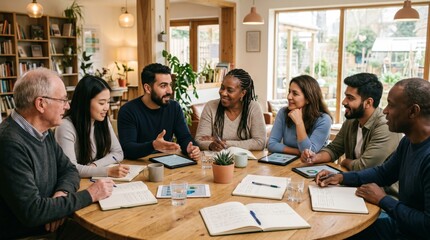 Obraz premium Diverse team of professionals having a meeting around a wooden table in a bright office, sustainable business collaboration and social responsibility for green corporate development.