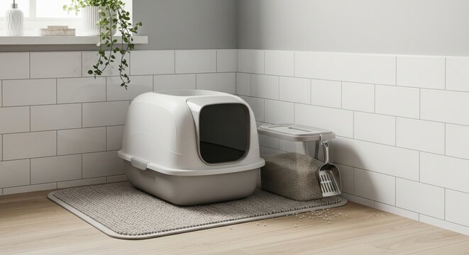 Clean litter box corner with scoop and supplies shows practical cat care, home hygiene, and realistic everyday pet organization in an ordinary interior.