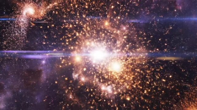 Cosmic explosion in deep space showing bright energy bursts, stars, and nebulas forming celestial patterns.