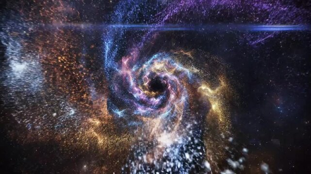 Cosmic vortex swirling in the vast dark universe with multicolored nebulas and stardust revealing a black hole