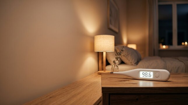 Digital thermometer on bedside table showing normal body temperature at night