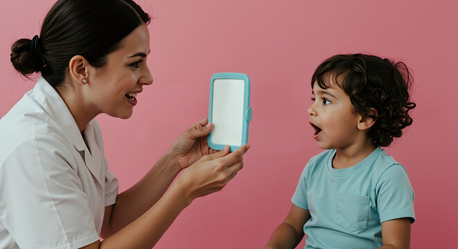 Female speech therapist helps young boy with language development. Pediatric therapy session with blank card for mockup against pink background