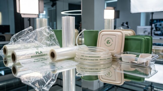 Sustainable packaging solutions with biodegradable film and eco-friendly boxes in a modern warehouse, zero-waste logistics and plastic-free materials for conscious business commerce.