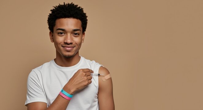 Smiling young black man holds syringe to his arm after receiving vaccine. Public health and immunization concept. Healthcare portrait with copy space