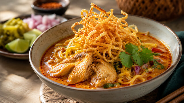 Traditional Thai Khao Soi Chicken Curry Noodle Soup Garnished with Crispy Noodles and Cilantro in a Rustic Bowl