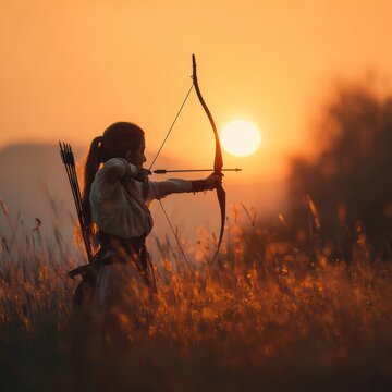 Archer Woman Wearing Traditional Clothing Holding Bow Shooting Arrow at Sunset