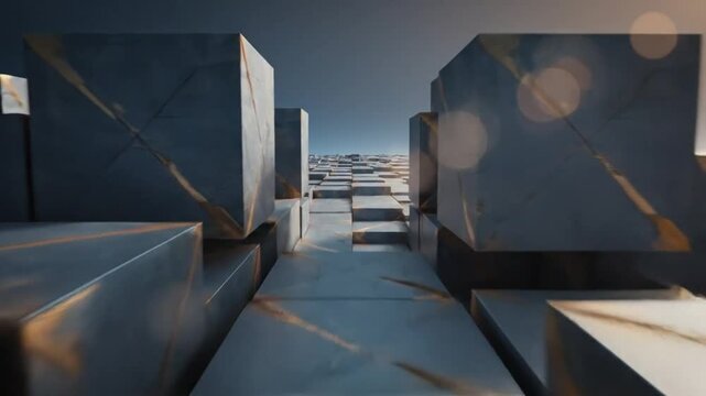 Abstract geometric cube landscape with textured surfaces and golden cracks under a blue and moody sky, perspective view