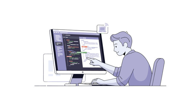 Programmer coding at computer workstation during work.