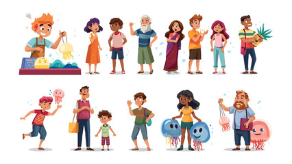 Fototapeta premium Market Day Delights: A vibrant collection of diverse people enjoying a bustling market day, featuring a vendor selling colorful lanterns and families shopping for treats and goods.