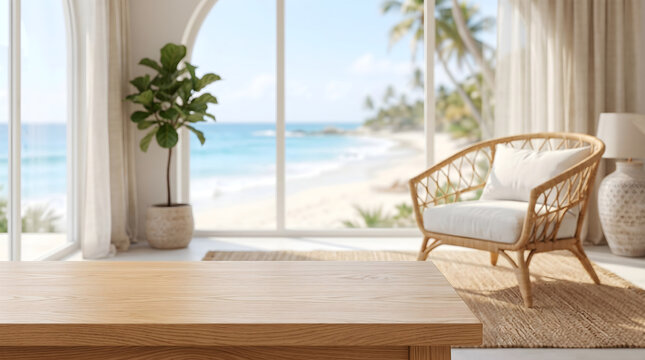Empty wooden tabletop in modern bright tropical villa living room overlooking sunny beach ocean for product